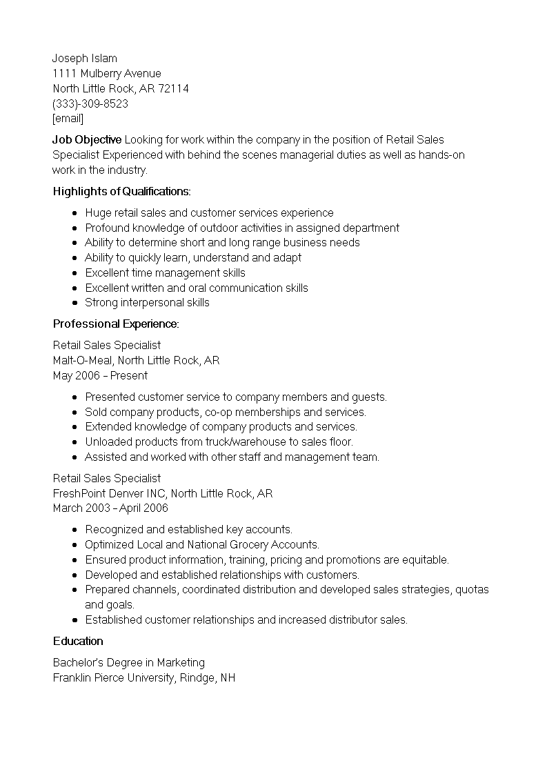 retail sales specialist resume example template