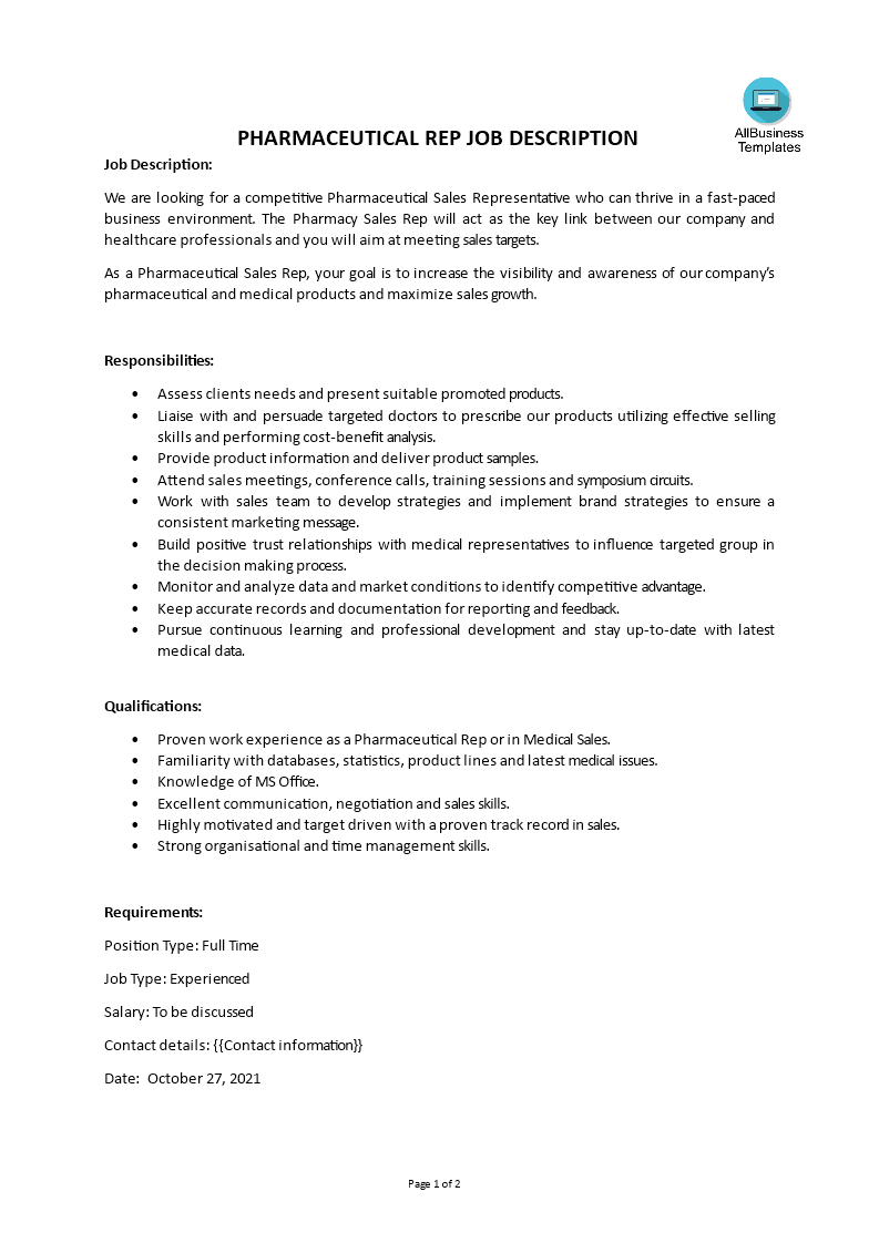 Pharmaceutical Rep Job Description main image