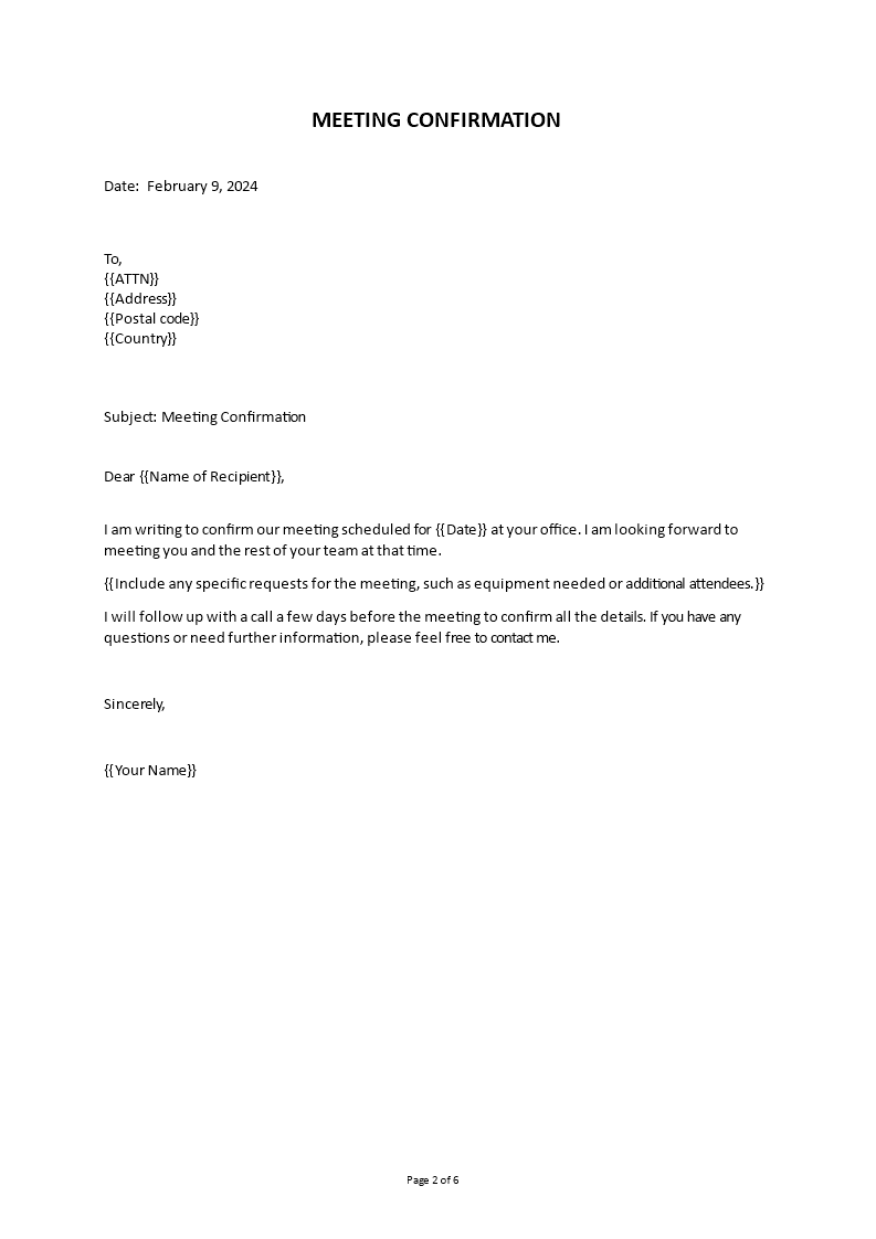 sample letter confirmation of meeting appointment template