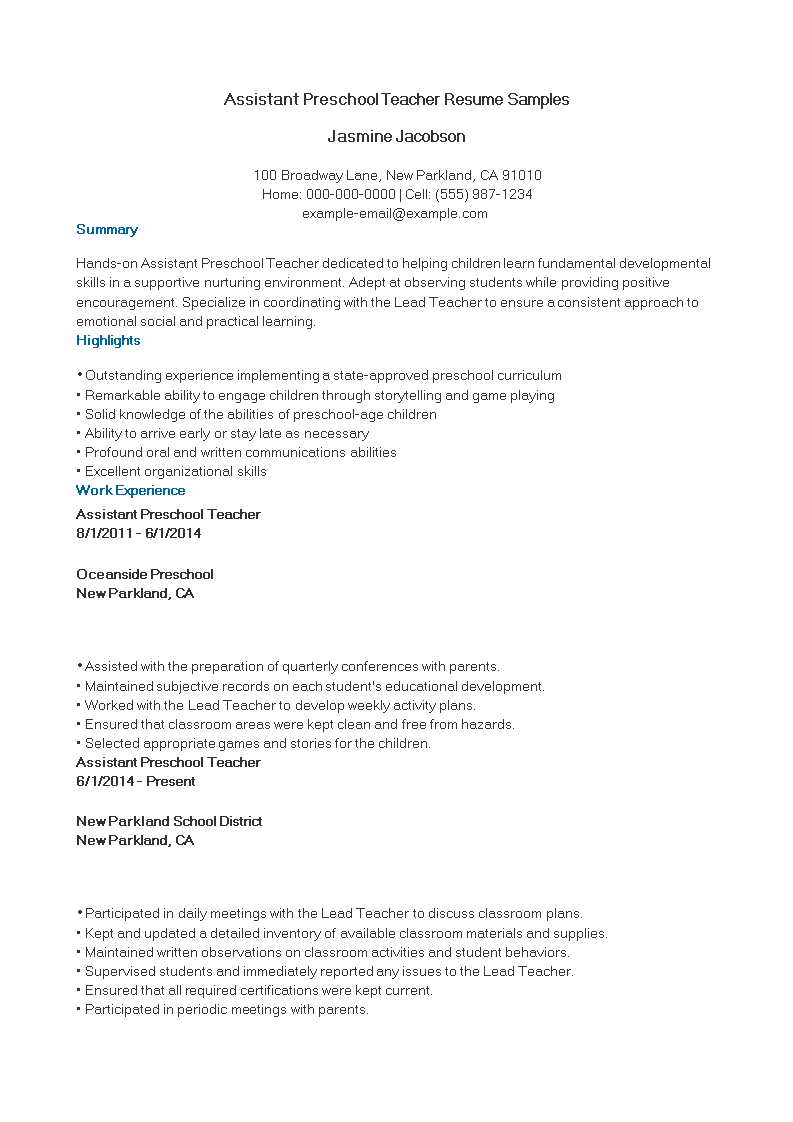 preschool teacher assistant resume Hauptschablonenbild