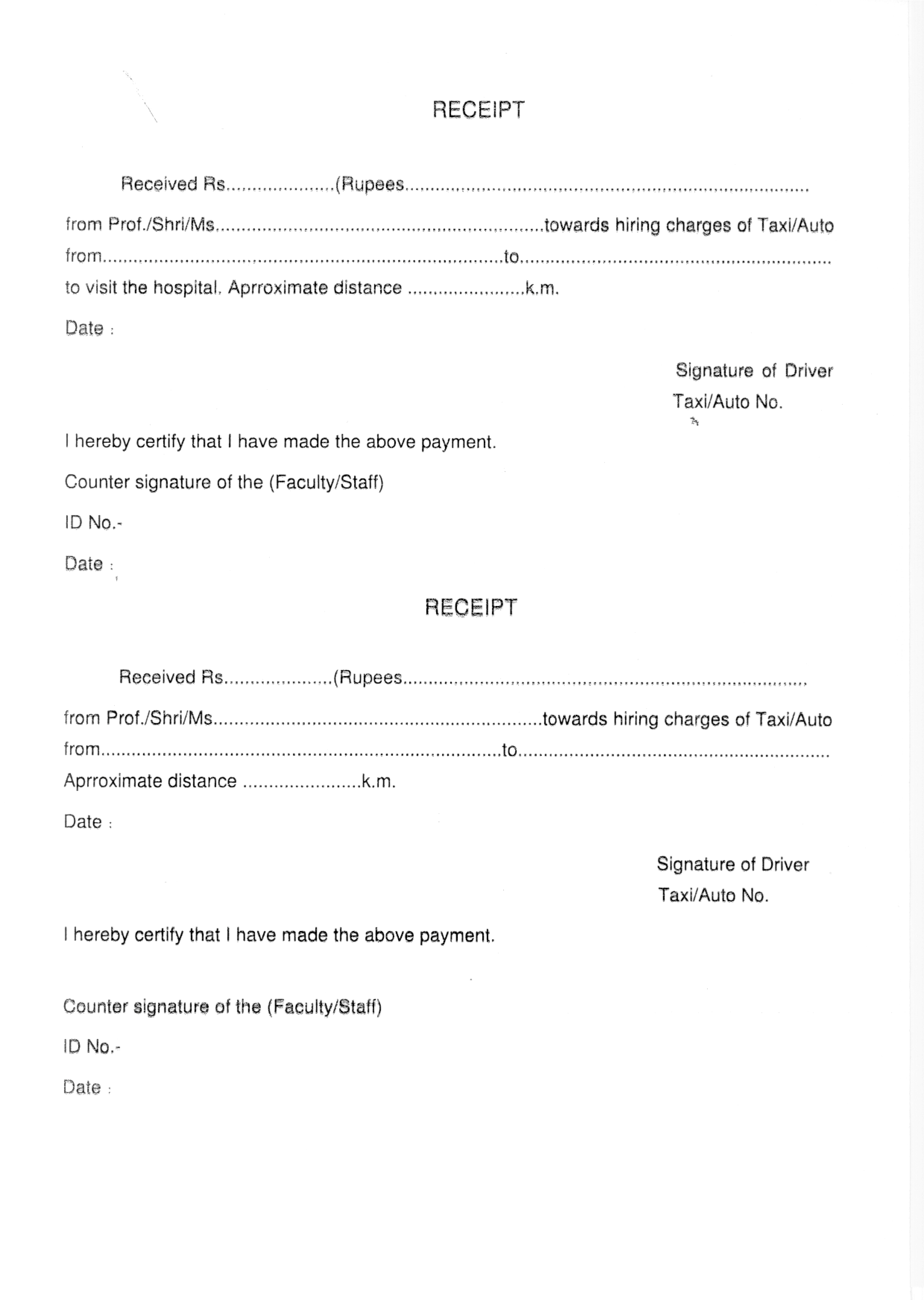 taxi auto rickshaw receipt form voorbeeld afbeelding 