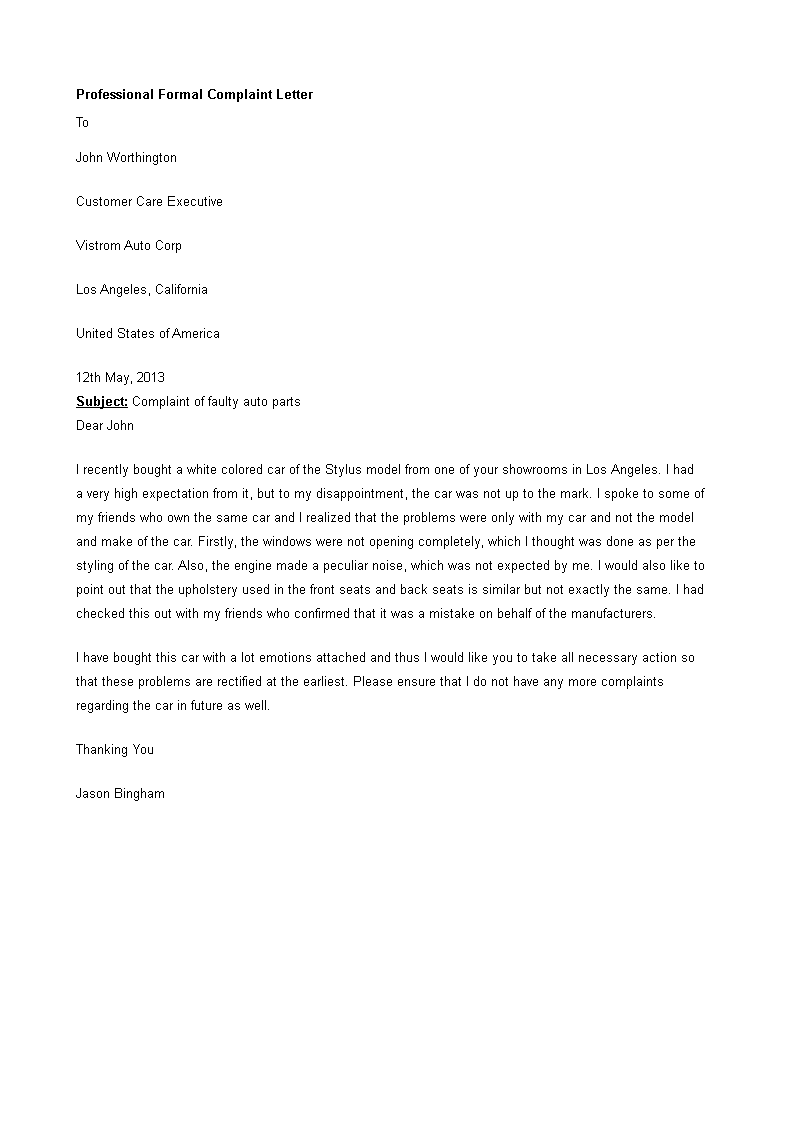 professional formal complaint letter template