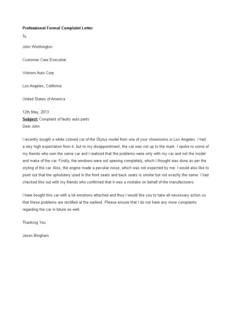 professional formal complaint letter modèles