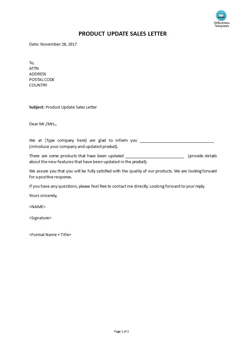 product update sales letter template