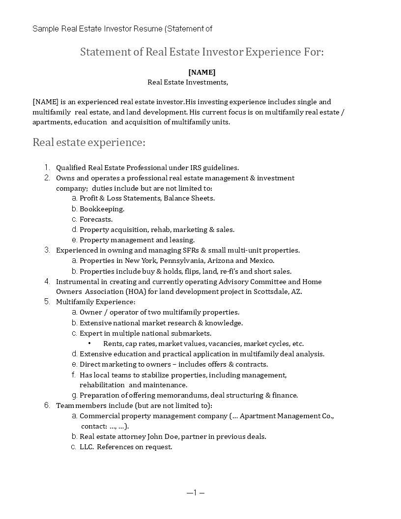 real estate sales investor resume template