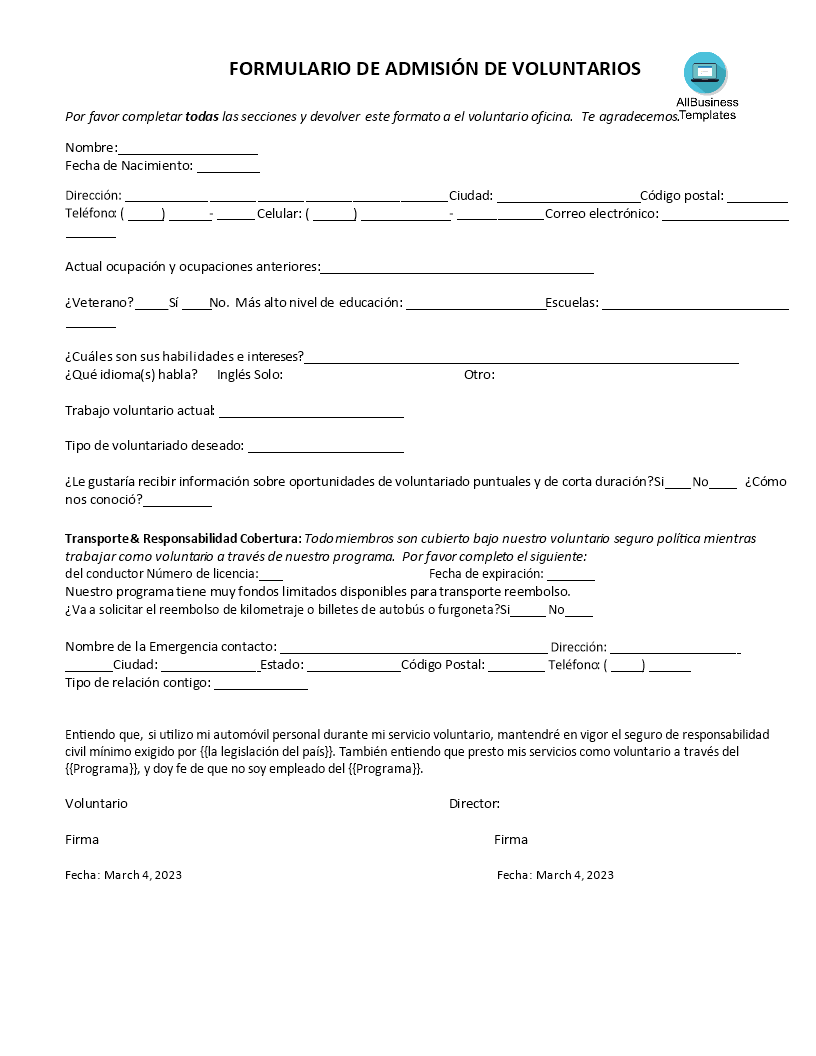 formulario de admisión de voluntarios template