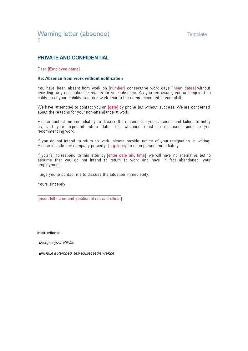 absent from work warning letter template