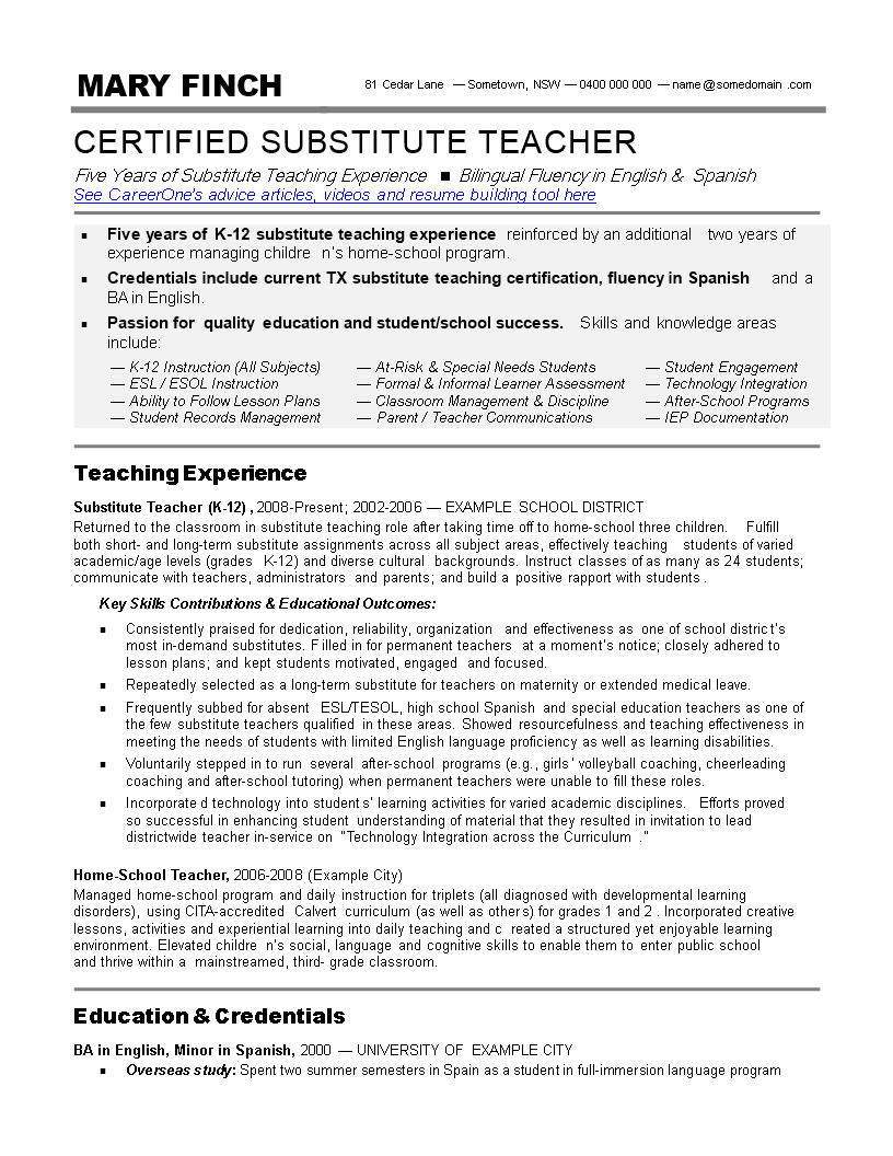 resume for substitute teacher sample