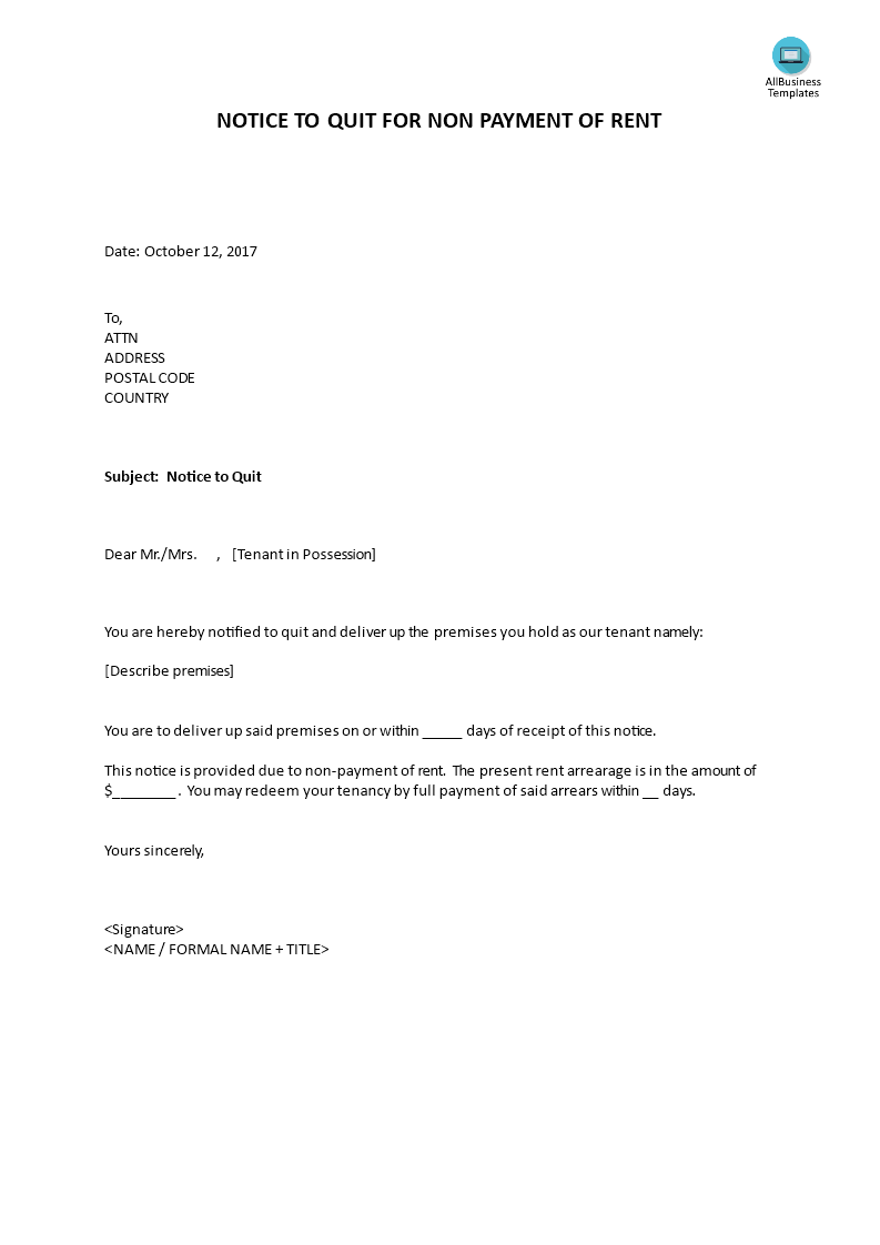 notice to quit for non payment of rent Hauptschablonenbild