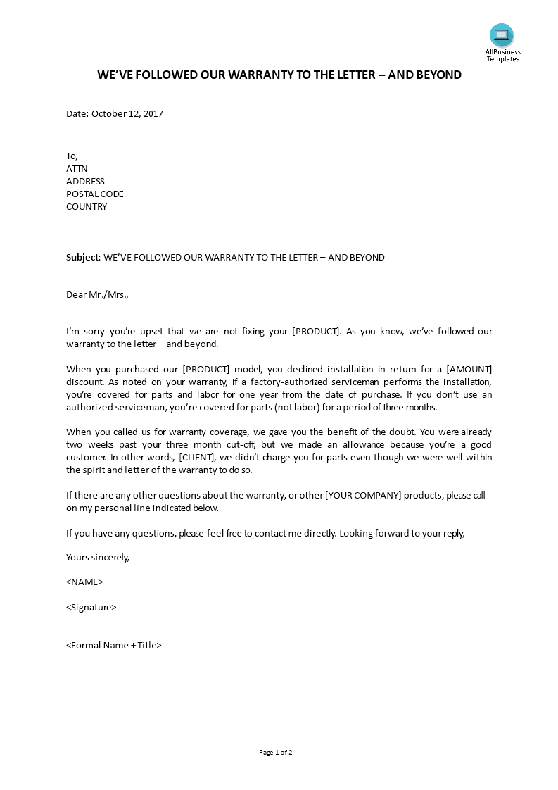 complaint reply - we've followed the warranty to the letter plantilla imagen principal