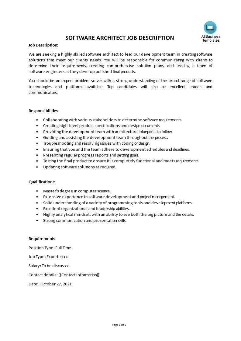 Software Architect Job Description main image