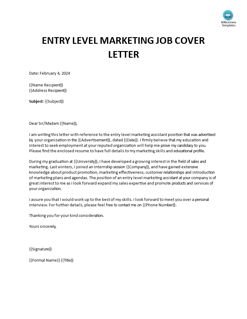 Kostenloses Entry Level Marketing Job Cover Letter