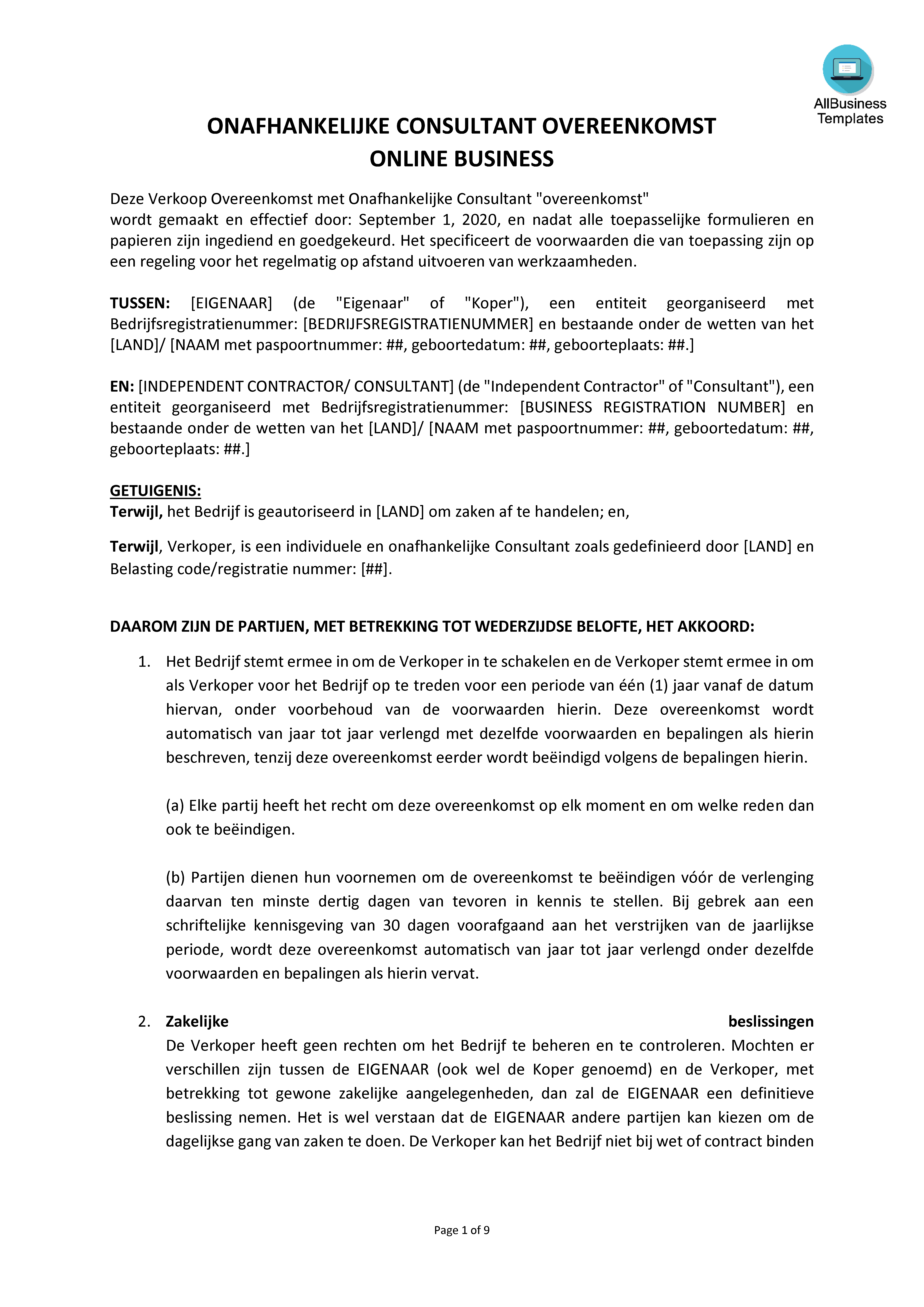 onafhankelijke consultant commissie overeenkomst template