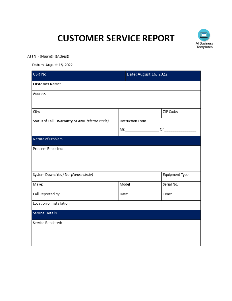 customer service report template voorbeeld afbeelding 