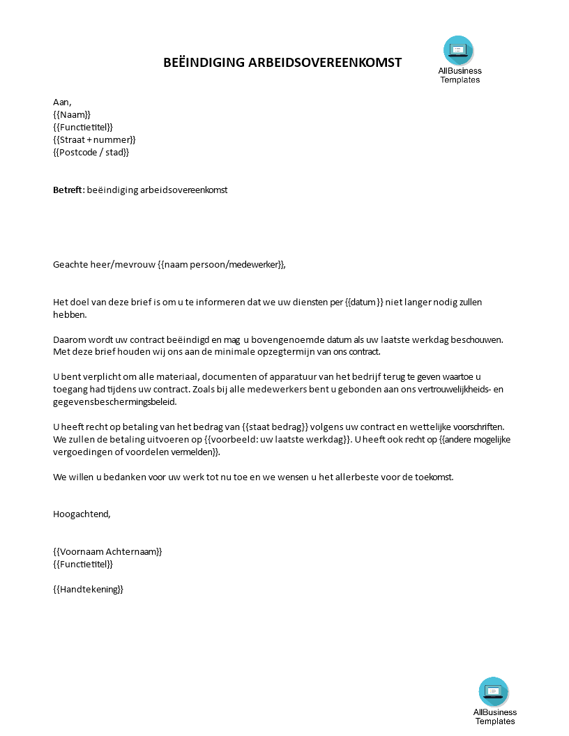 arbeidsovereenkomst beëindigingsbrief template