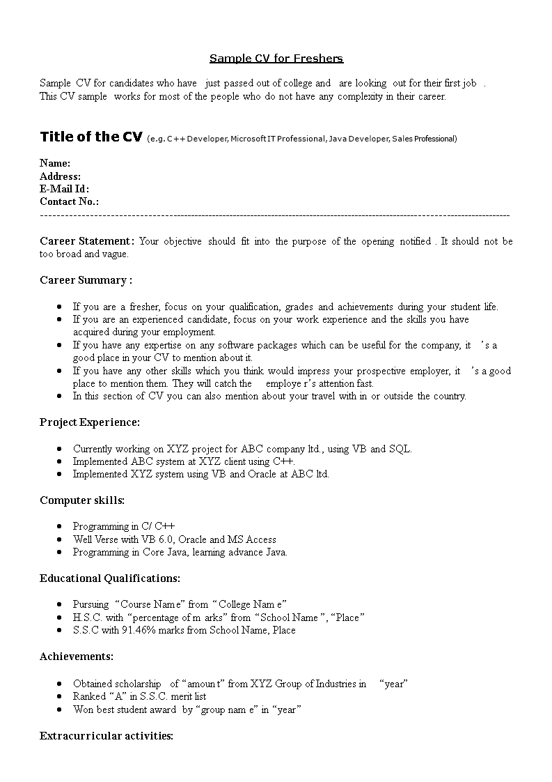 engineering student fresher resume template