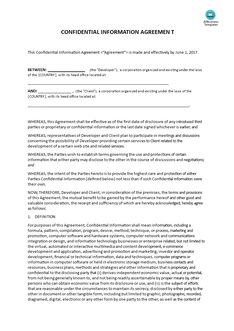 confidential information agreement template