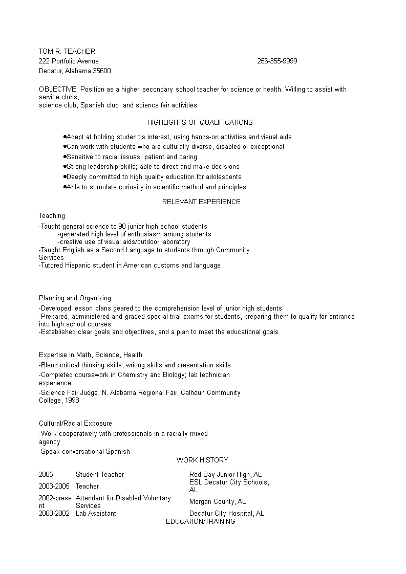 higher secondary school teacher resume Hauptschablonenbild