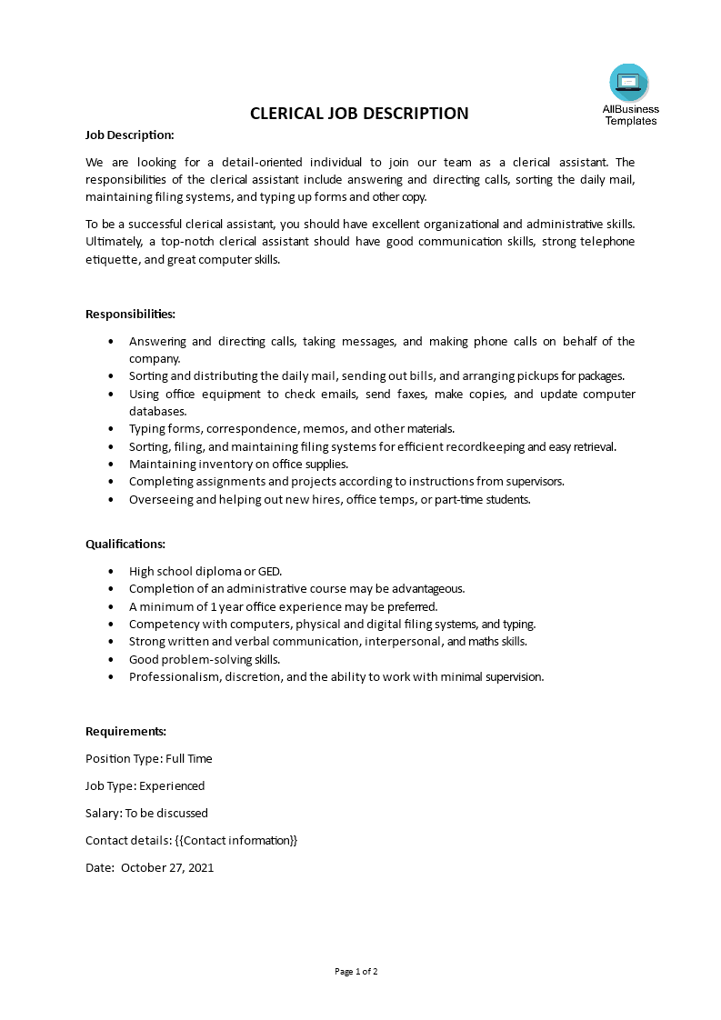 clerical job description template