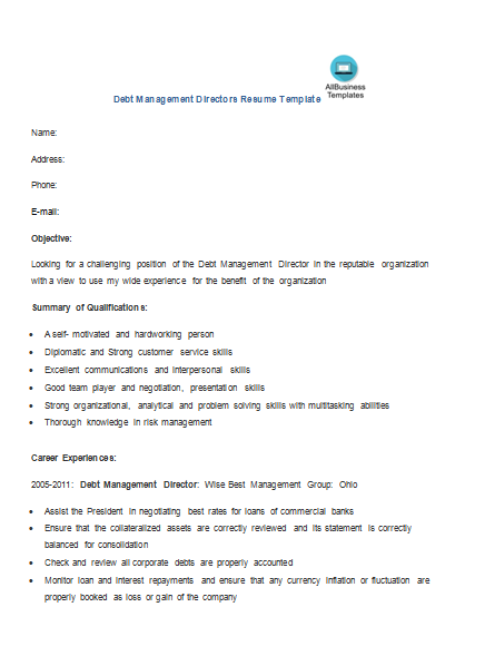 debt management directors resume template