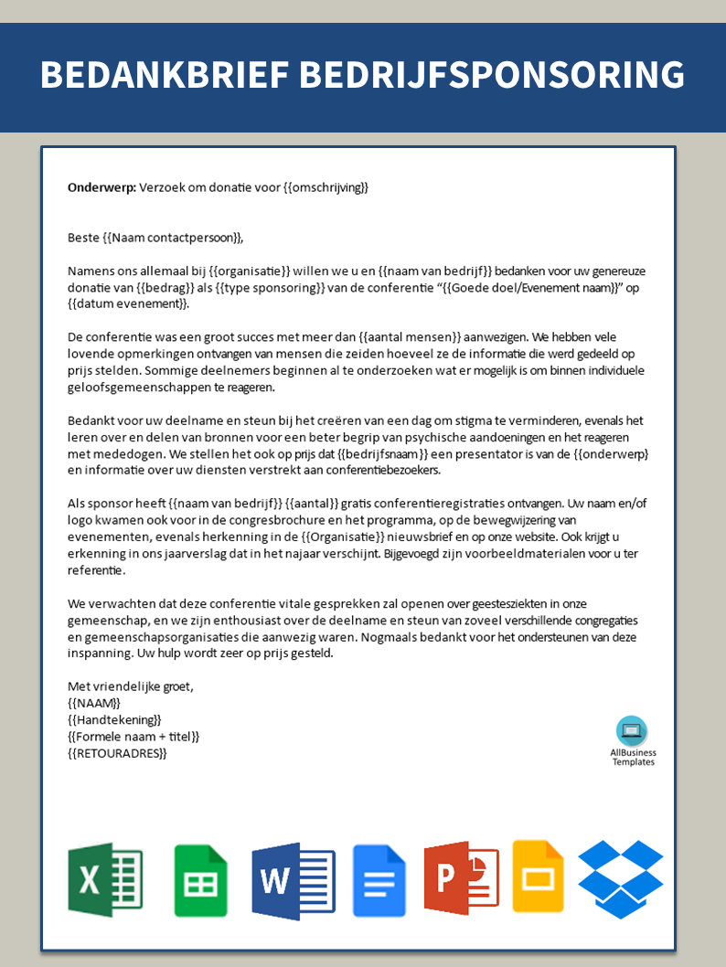 bedankbrief voor bedrijfssponsoring modèles