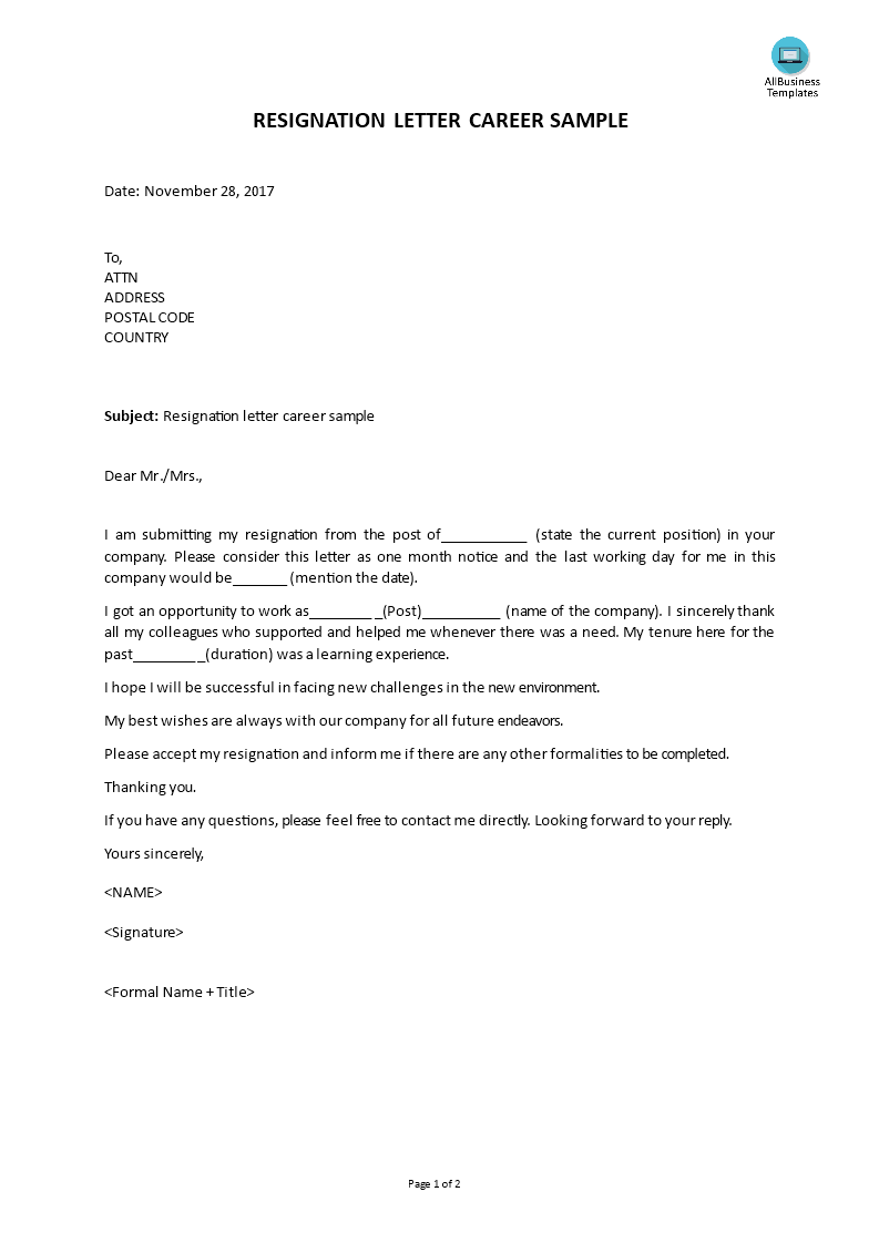 resignation letters careers template