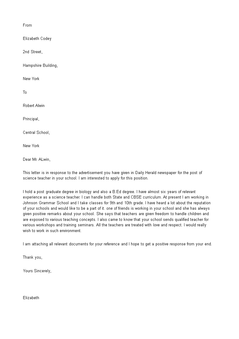 Science Teacher Job Application Letter main image