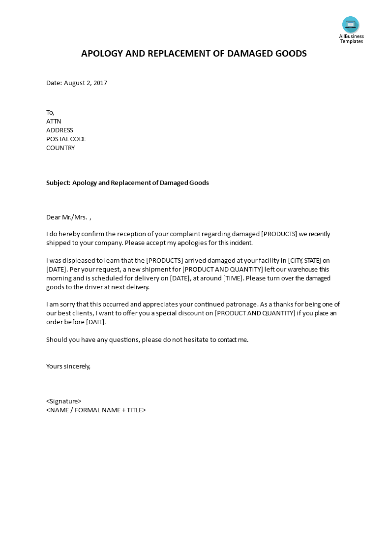 replacement of damaged goods apology letter template