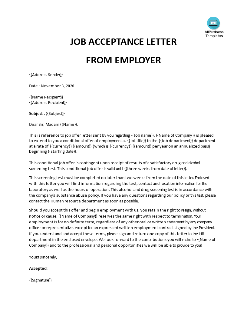 Conditional Job Offer Acceptance Letter 模板