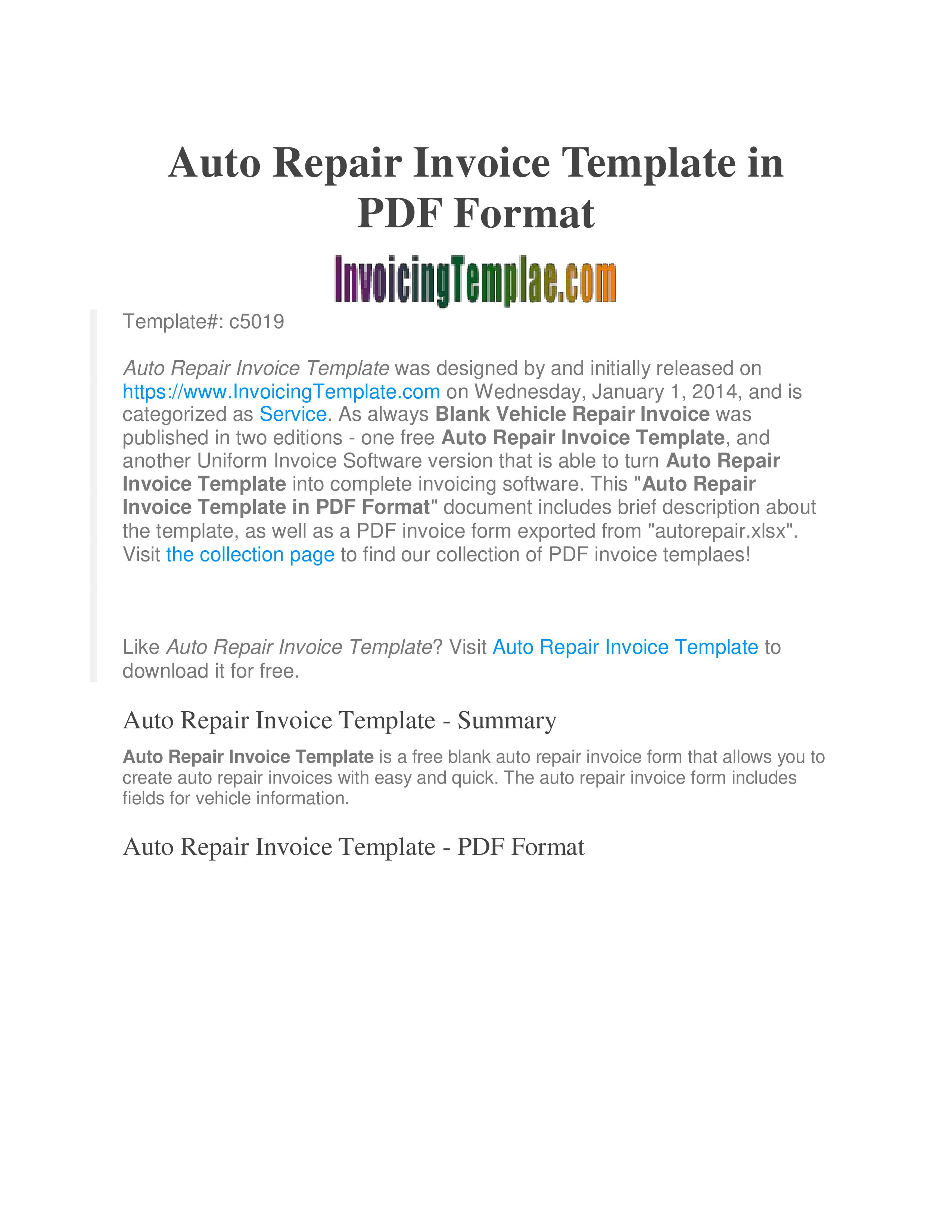 Kostenloses Blank Auto Repair Invoice For Car Service Invoice Template Free Download