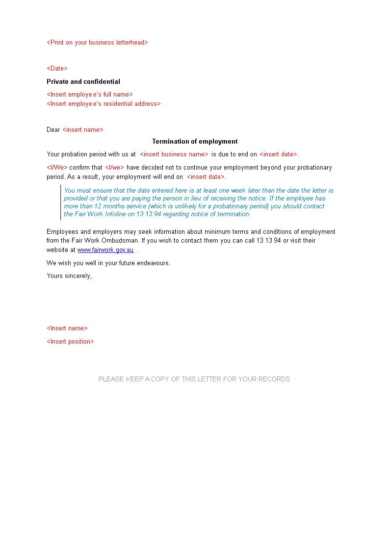 Employee Probation Termination Letter main image