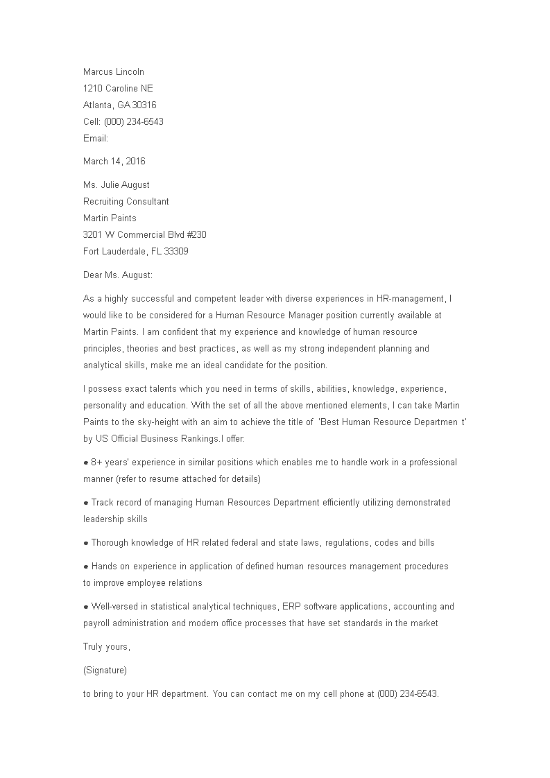 hr manager cover letter template