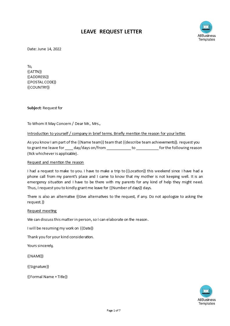 request leave letter template template