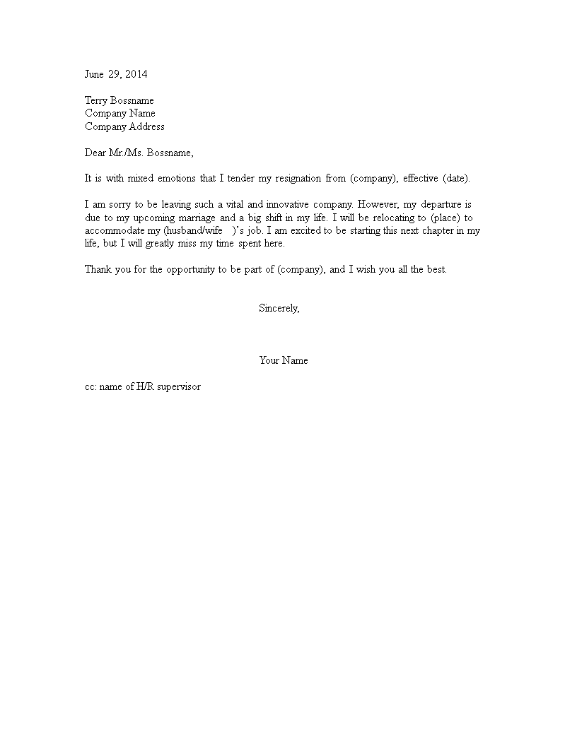 resignation letter due to relocation after marriage template