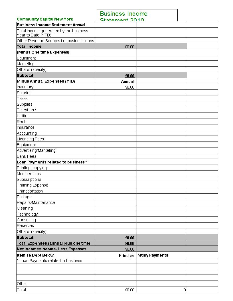 business income statement excel template