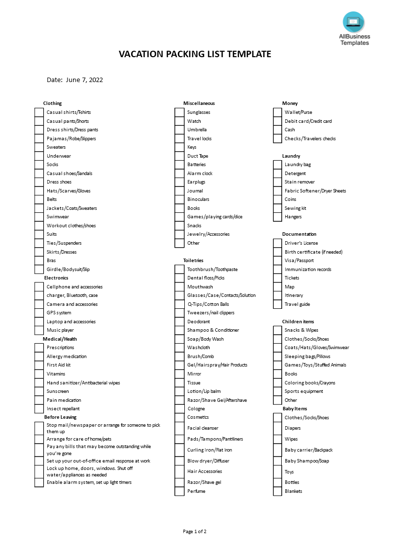 vacation packing list template template