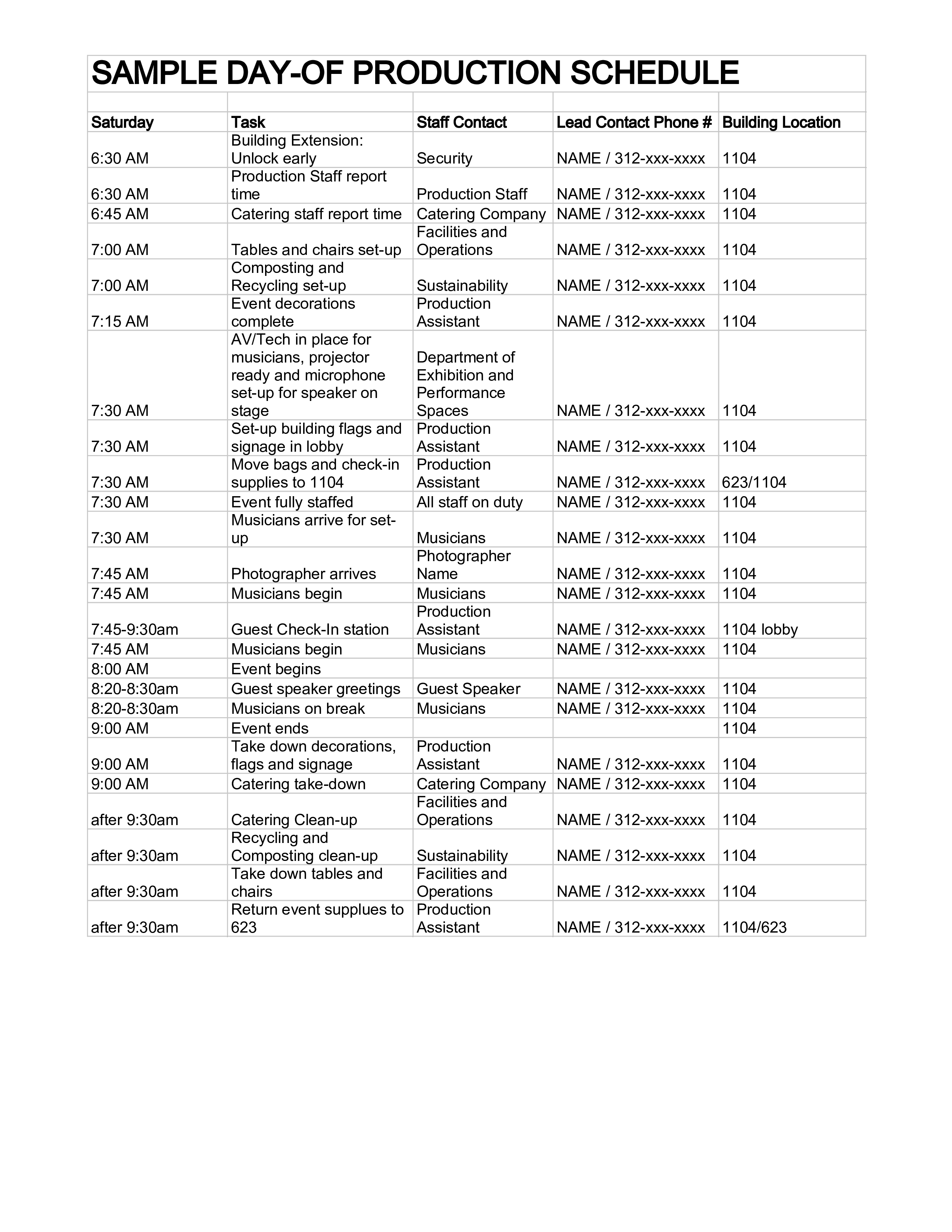 special event production schedule voorbeeld afbeelding 