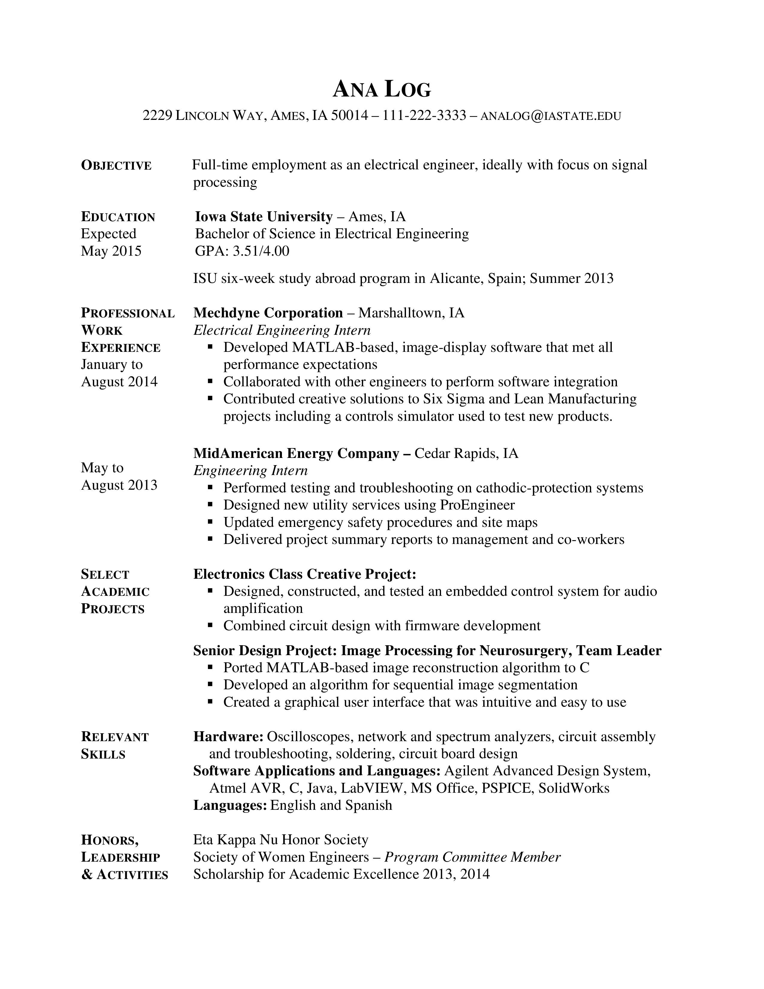 Electrical Engineering Internship Resume 模板