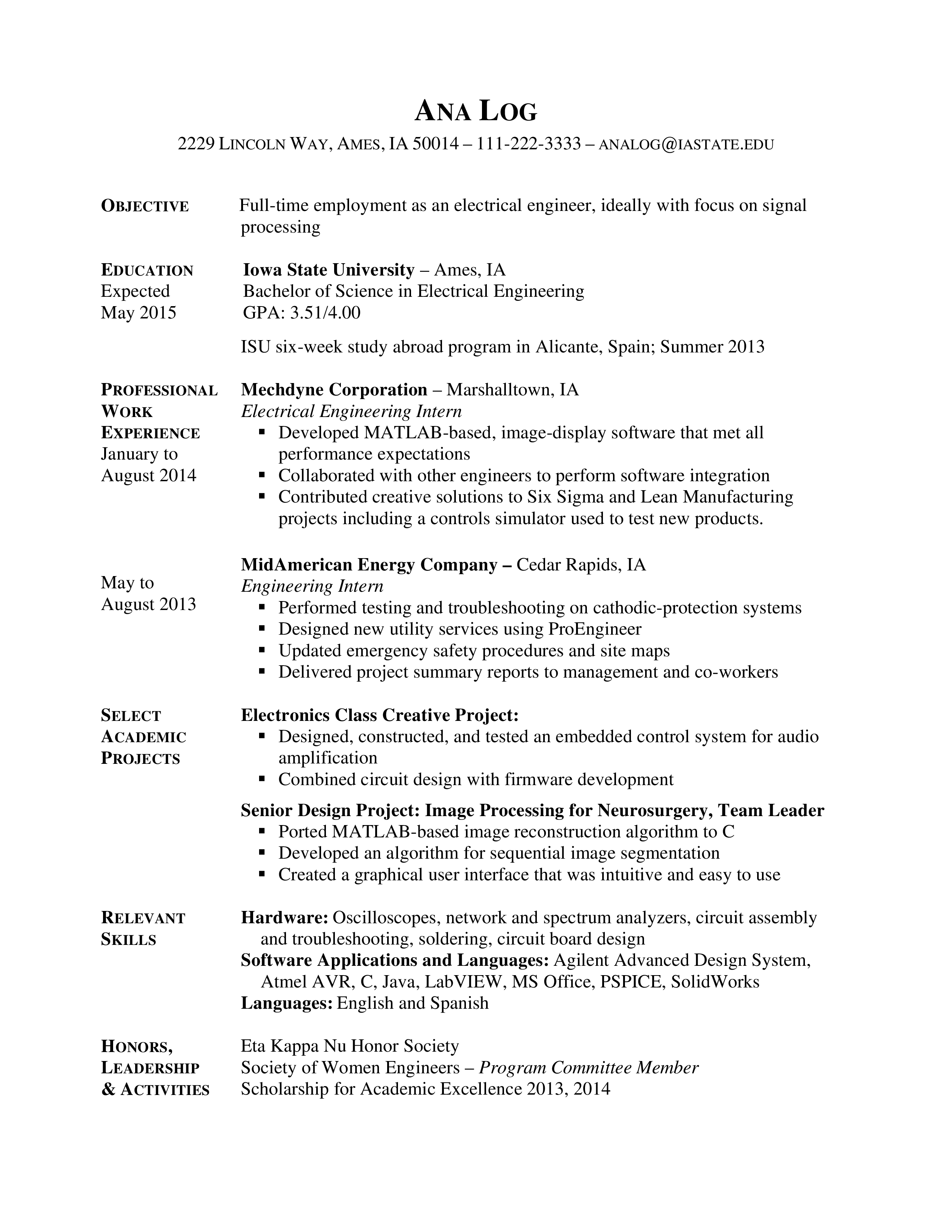 Electrical Engineering Internship Resume main image