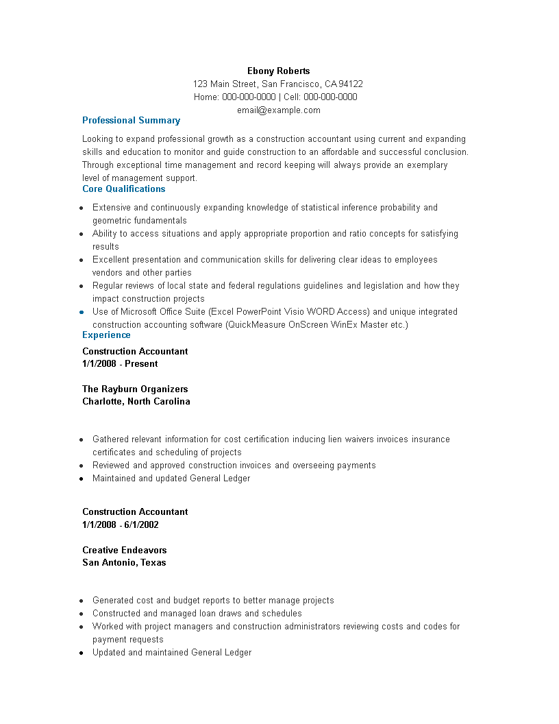 Construction Accountant Resume 模板