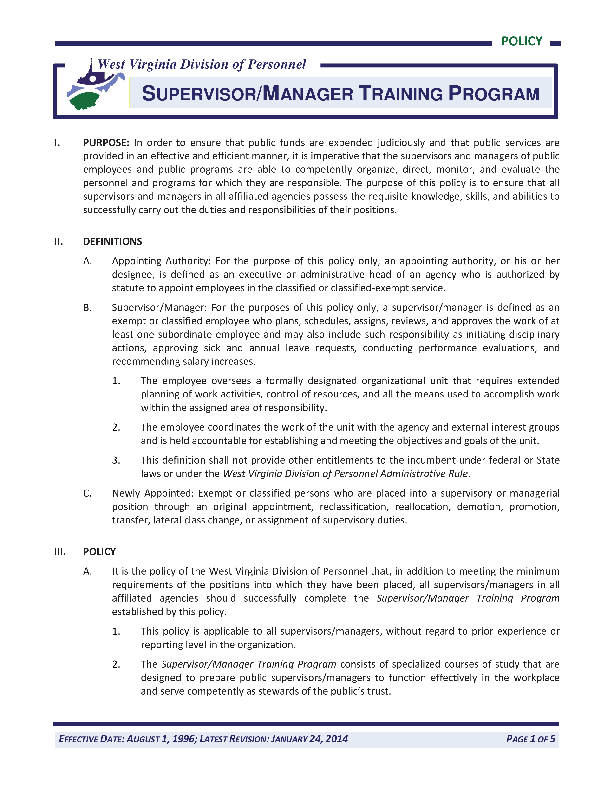 supervisor or manager training policy program template