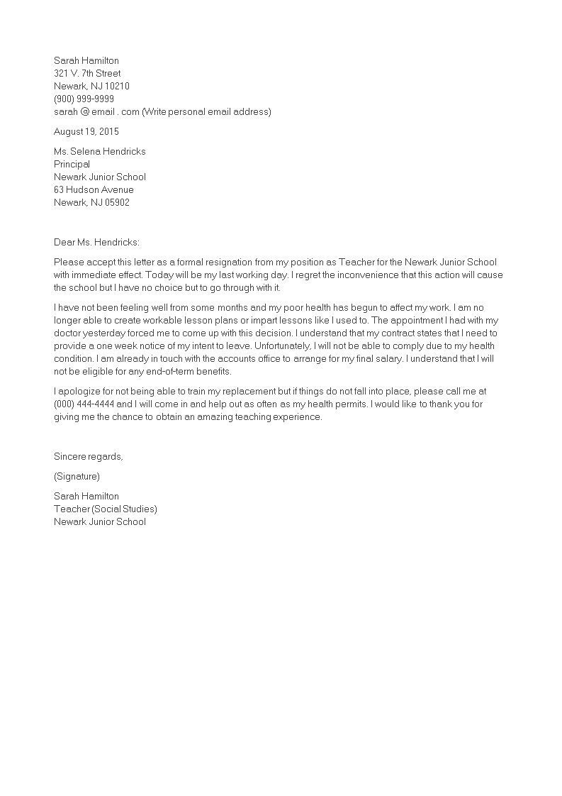 Teacher Immediate Resignation Letter main image