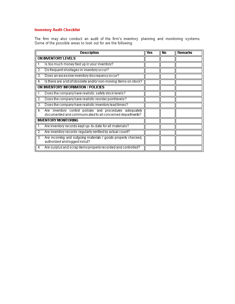inventory audit checklist document template