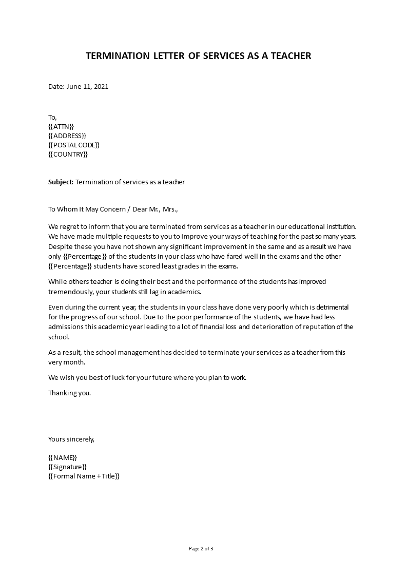 termination letter to teacher letter voorbeeld afbeelding 