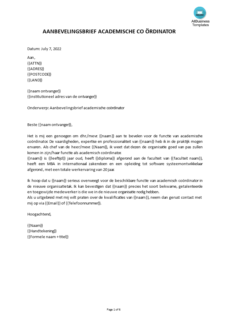 Academisch Coördinator Aanbevelingsbrief main image