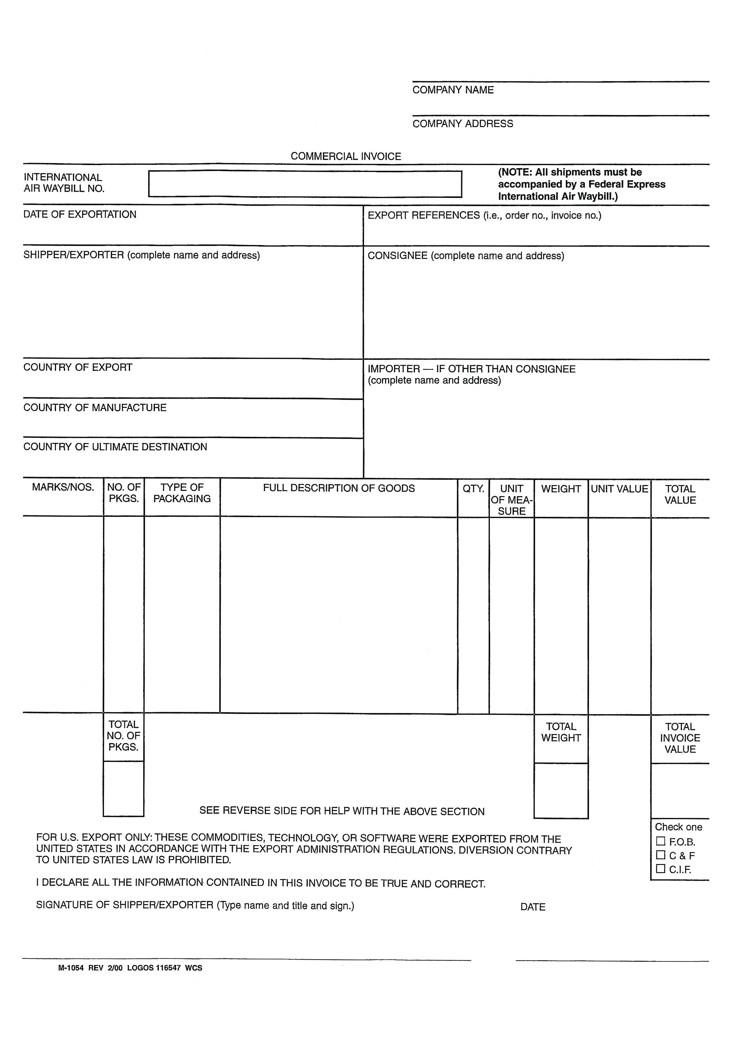 Word Printable Commercial Invoice Template Printable Templates