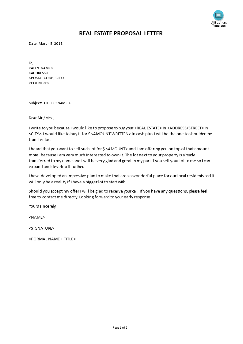 real estate proposal letter voorbeeld afbeelding 