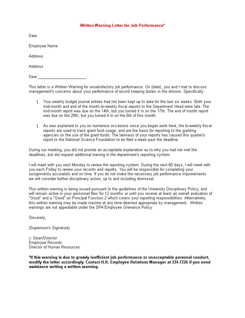 employee performance warning letter template