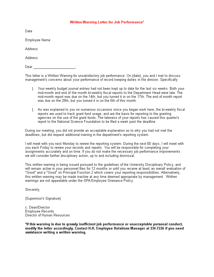 Employee Performance Warning Letter Templates At Allbusinesstemplates