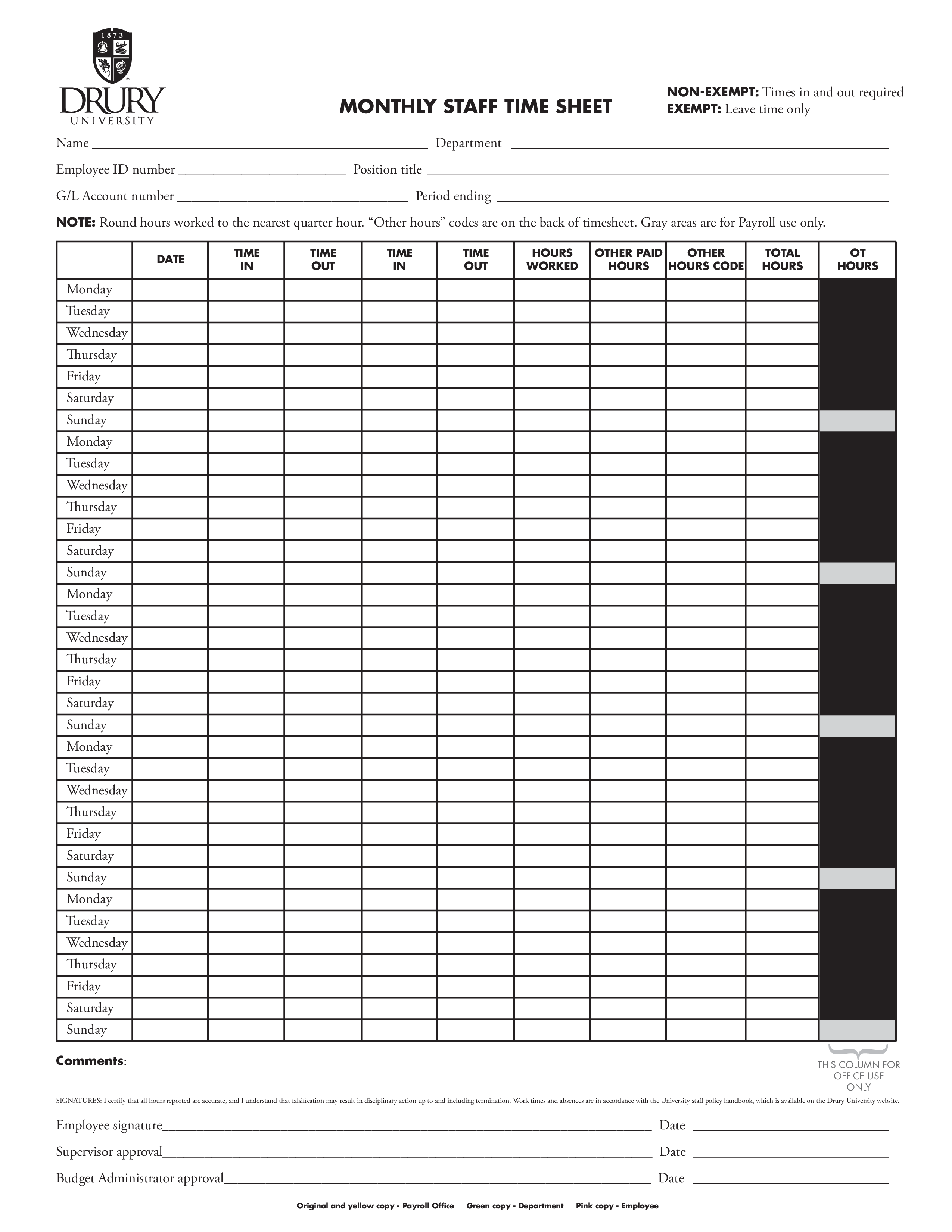 monthly staff timesheet modèles